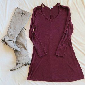 Heather Maroon Lightweight Sweater Dress w/ Subtle Cold Shoulder Detail | Size M
